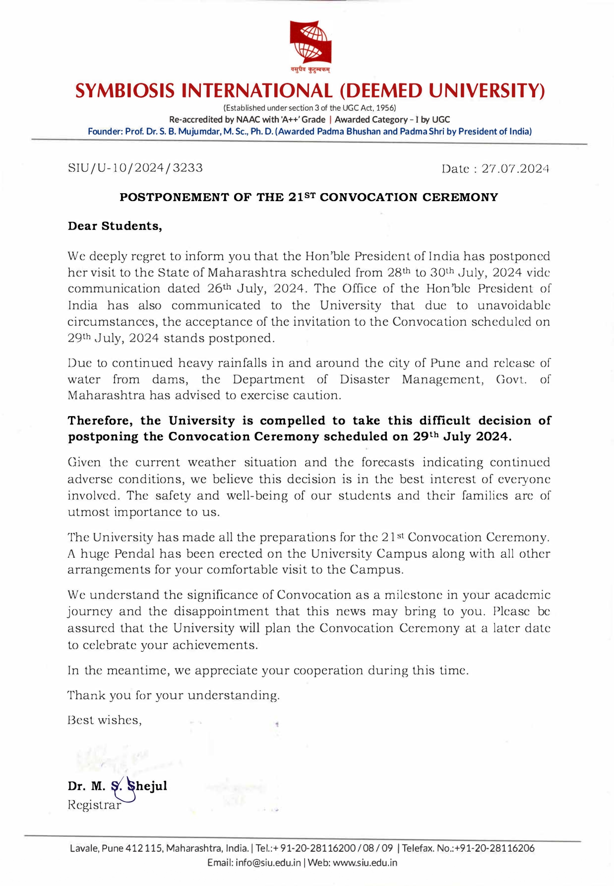 Postponement of the 21st convocation ceremony